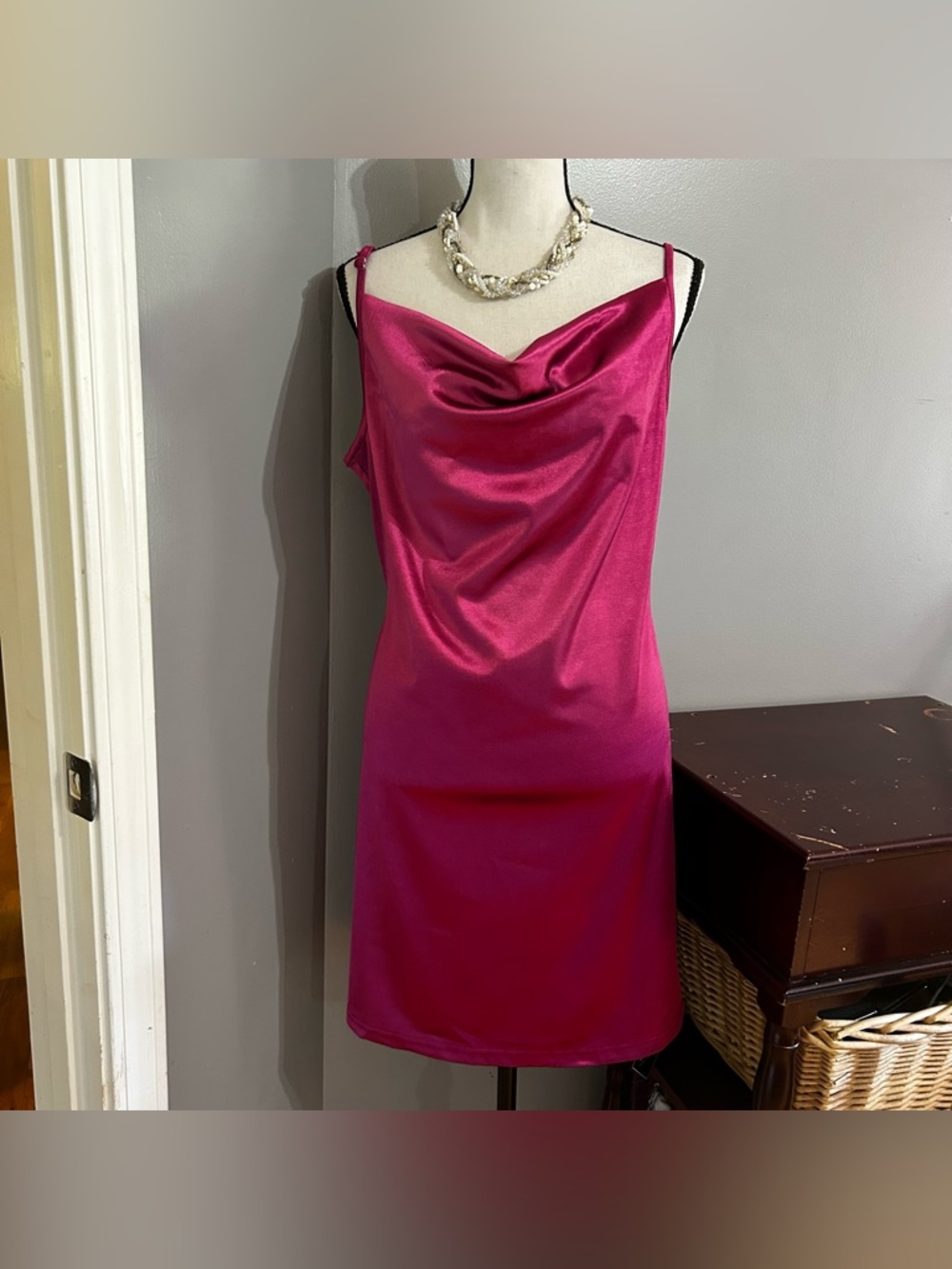 Satin Cowl Neck Mini Dress by Zaful Adjustable Straps Fuschia Sz 8 Belted NEW